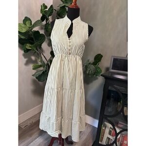 Brovave Women Olive Green White Striped Sleeveless Tiered Midi Dress Small Boho